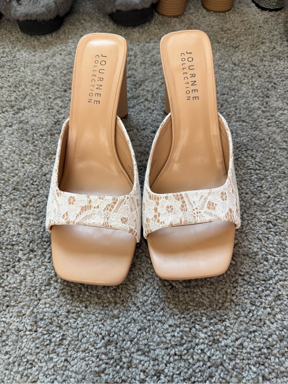 Journee Collection Cream Lace Square-Toe Slide Heels